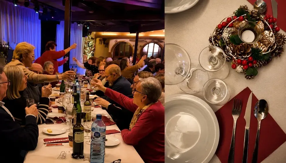 Comensales y mesa decorada para la comida de Navidad en La Masia.