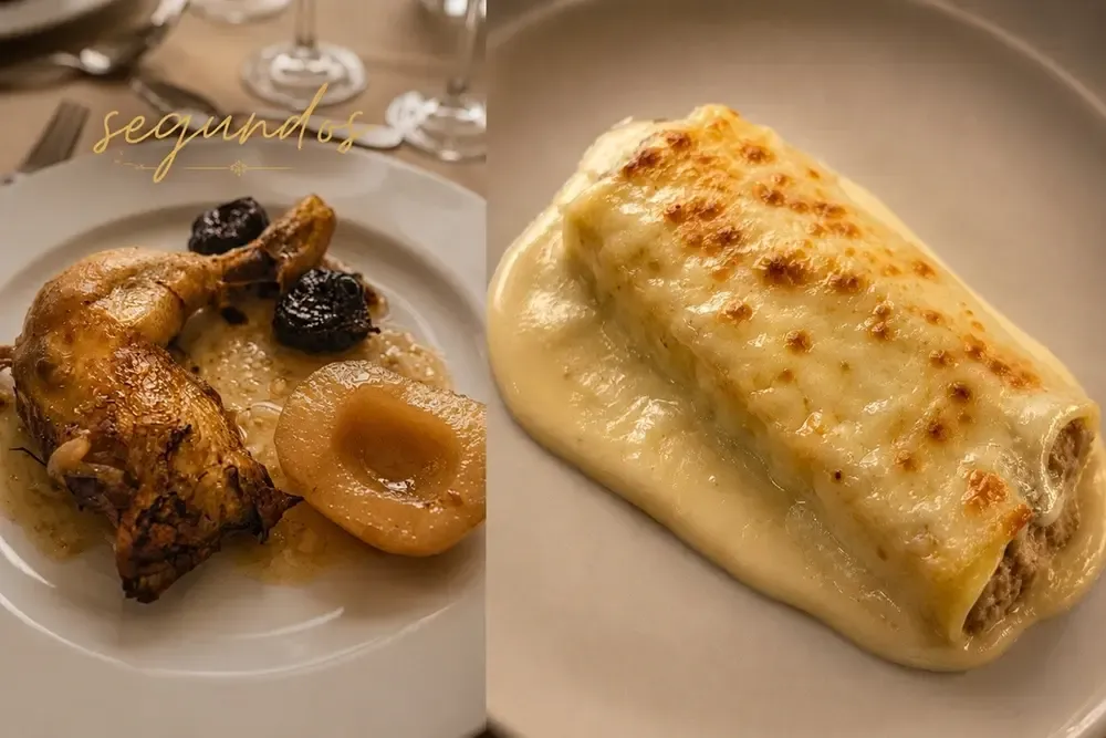 Canelones de la abuela y pollo asado al horno con ciruelas pasas y peras.