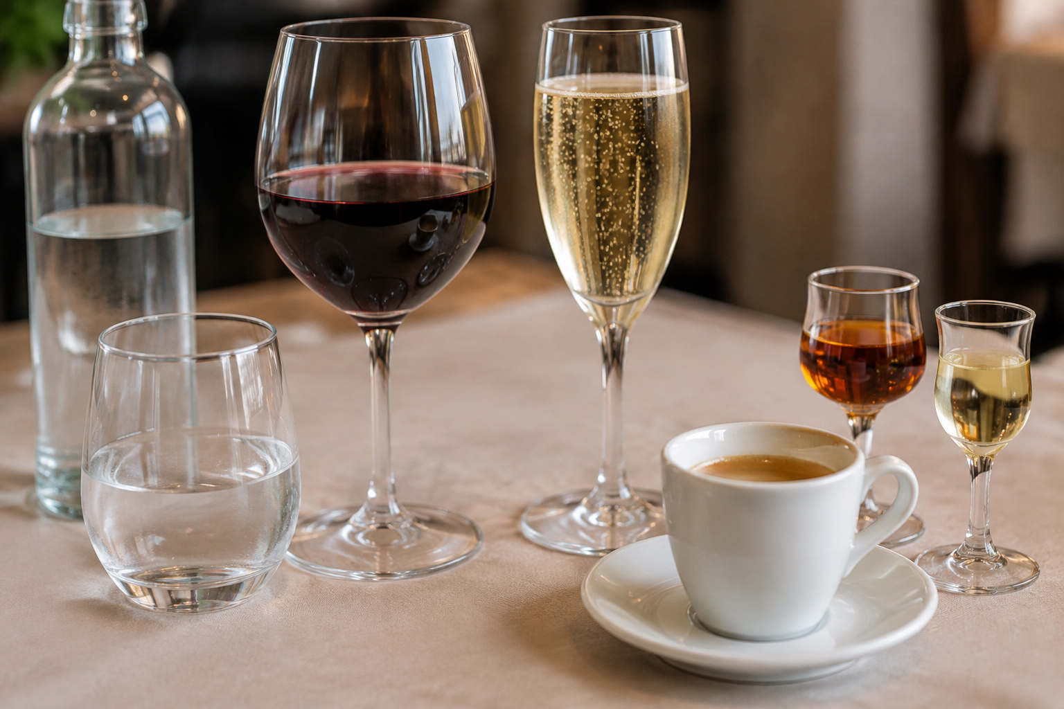 Imagen ilustrativa de las bebidas incluidas: agua mineral, vino, cava brut, café y licores.