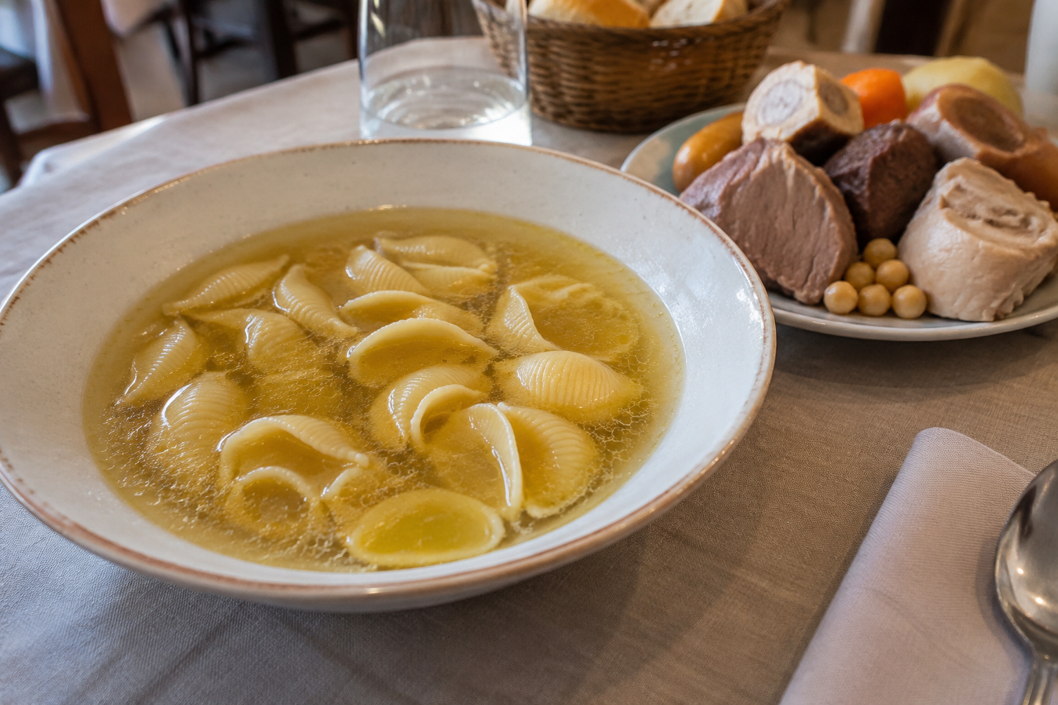 Escudella, la tradicional sopa de Navidad catalana, acompañada de su carne de cocido