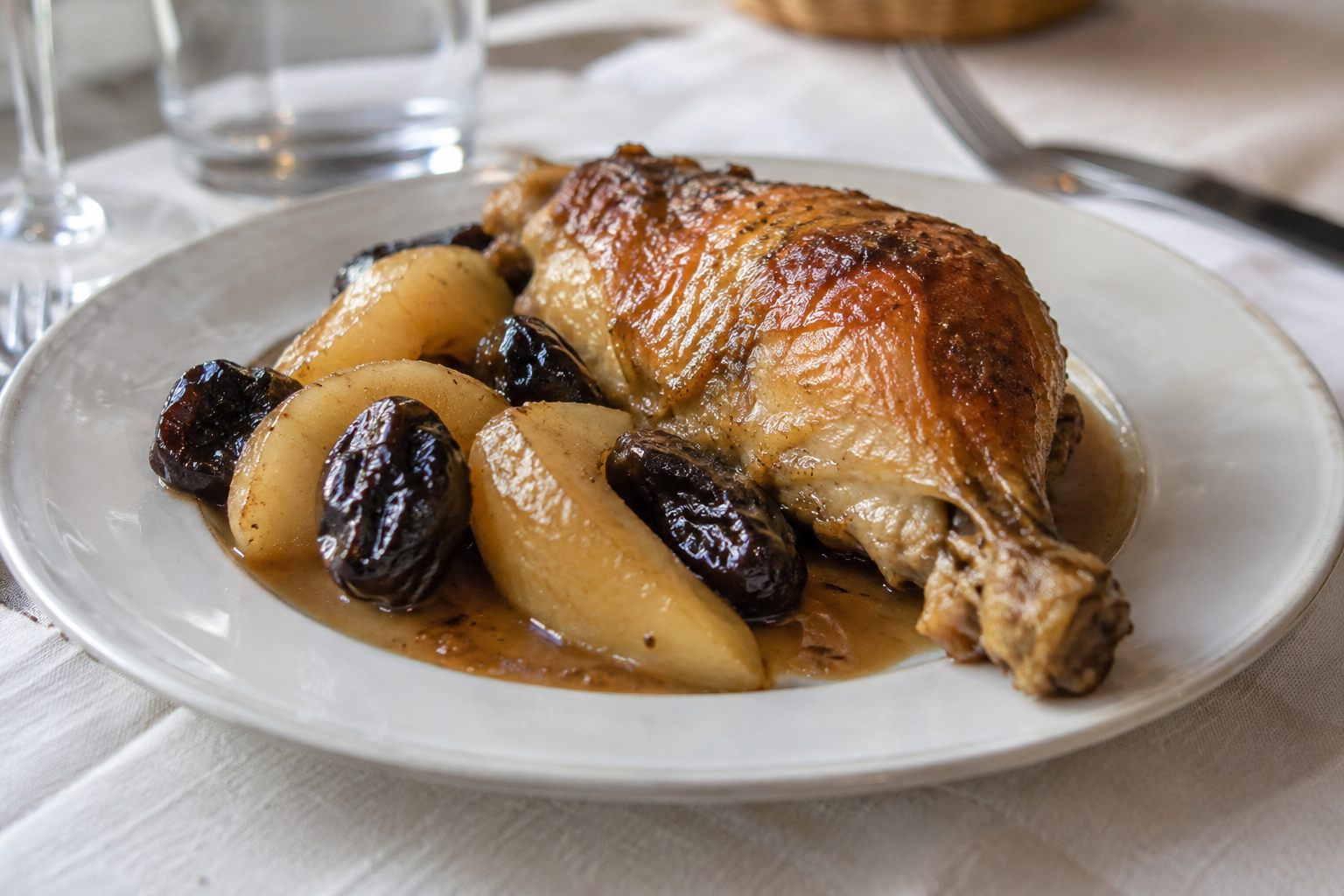 Pollo asado al horno, acompañado de ciruelas pasas y peras