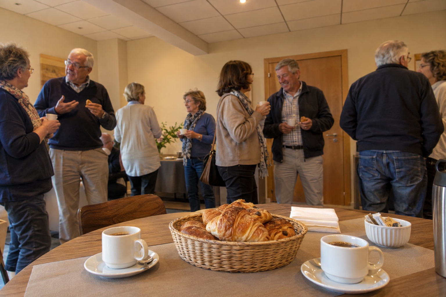 Imagen ilustrativa del desayuno de bienvenida: café y bollería, con un grupo de participantes.